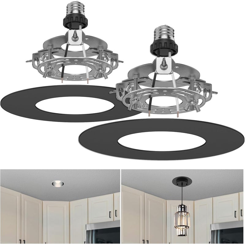 YIIZON 5 and 6 inch Recessed Can Light Conversion Kit, Ceiling Light Fixture Upgrade, Pendant & Hanging, 7¾ Inch Flat Steel Ceiling Medallion, Black Finish 2 Packs - Image 1